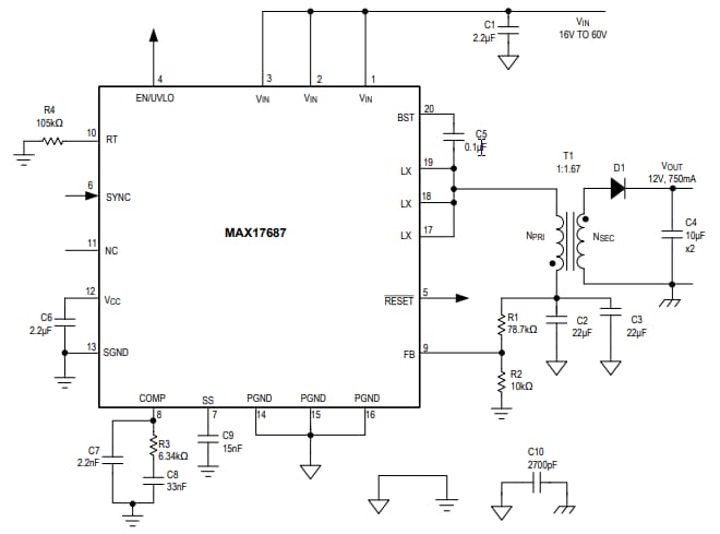 Applikations-Schaltungsdiagramm - Analog Devices / Maxim Integrated MAX17686 Isolierter DC/DC-Abwärtswandler